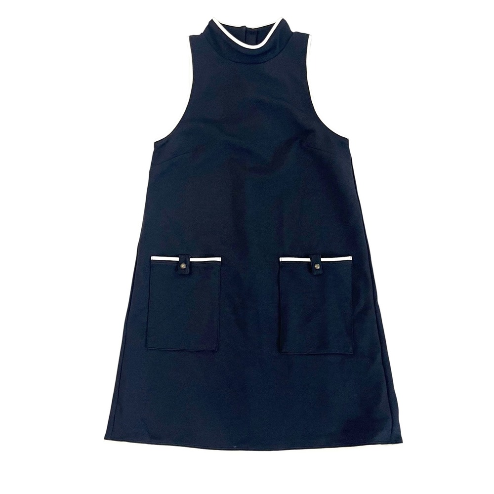 Maeve Anthropologie Black White Trim Mock Neck Shift Mini Dress XSP Pocket Mod